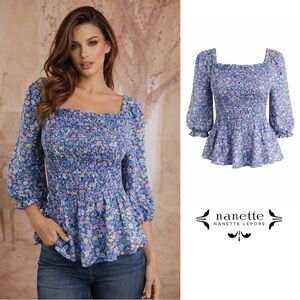 NEW Nanette LEPORE Retro Paisley Floral Peasant Blue Blouse